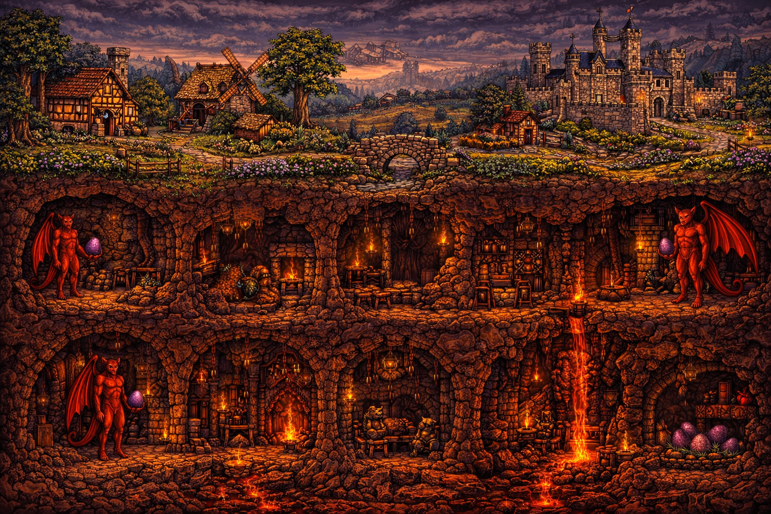 Side-scrolling underground fantasy level with caves, props, doors, monsters, and secret rooms.