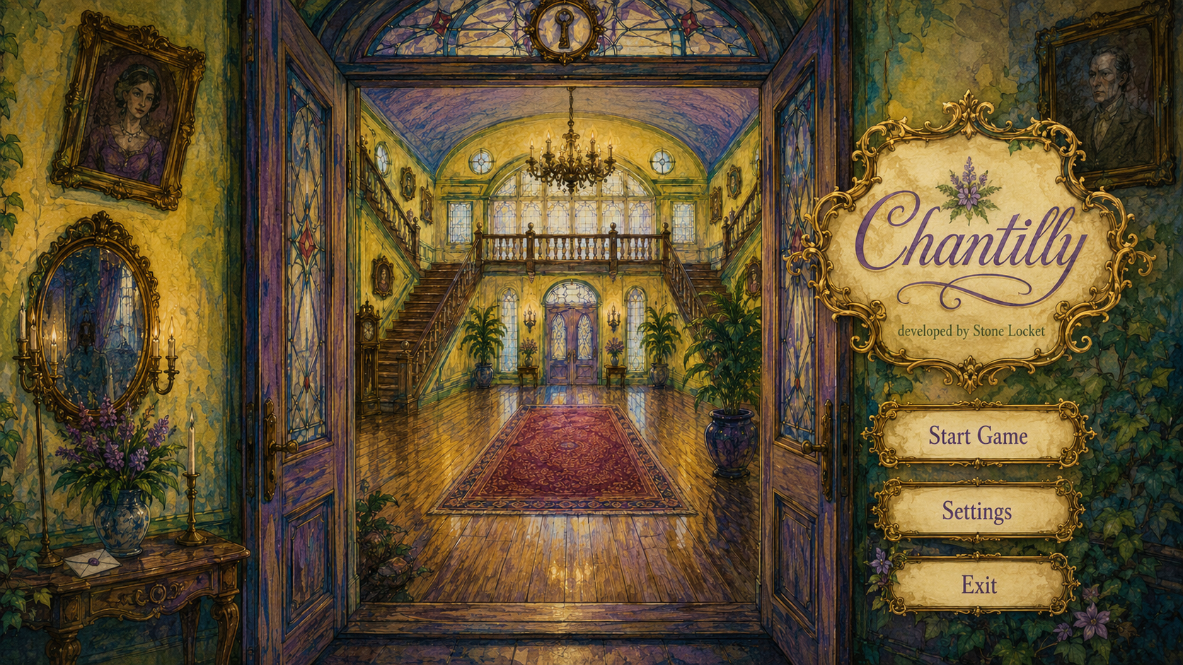 Painted interior of a grand old estate with a central staircase and candlelit rooms.