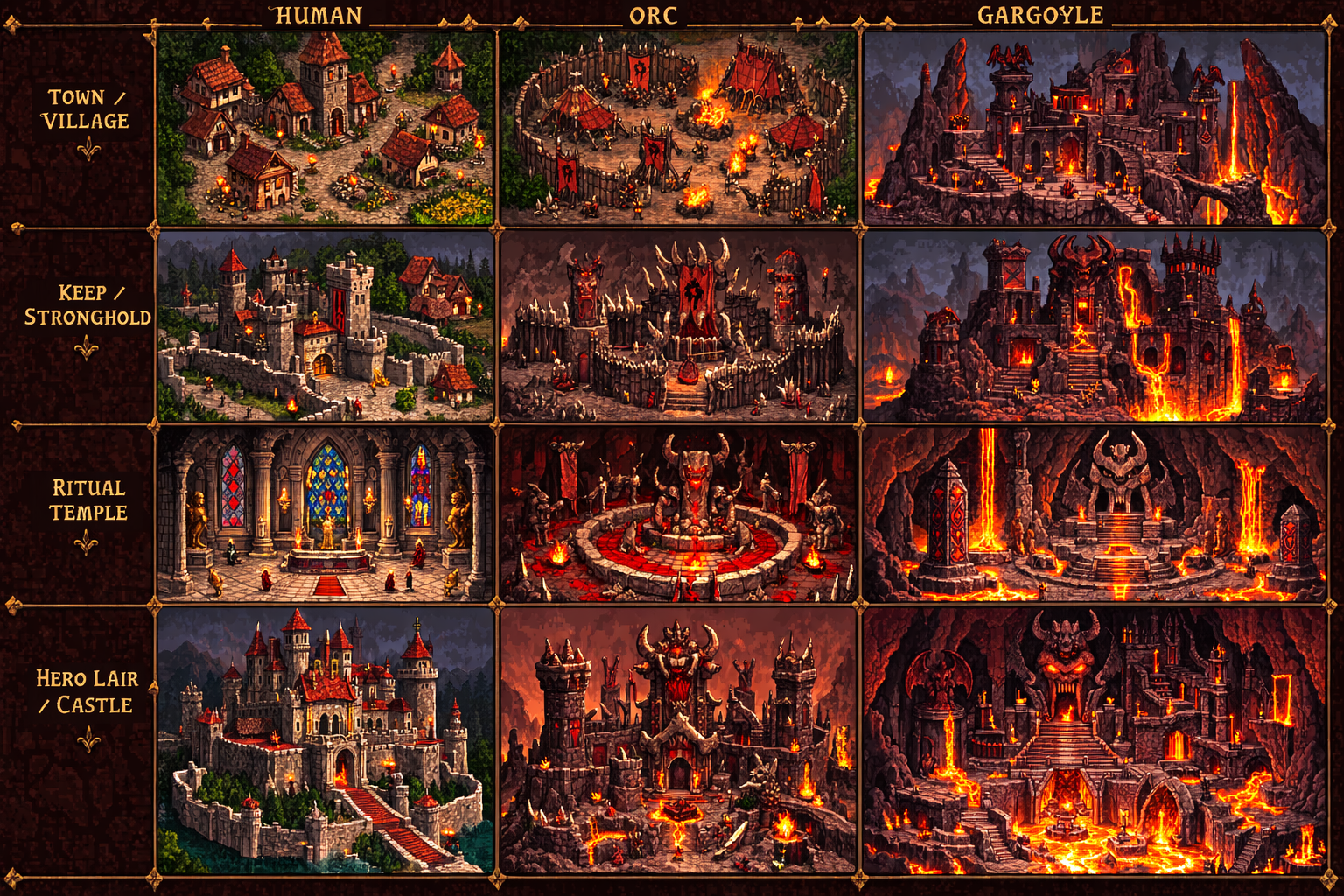 A modular Golden Keep building sheet with stone walls, windows, roofs, doors, and props.