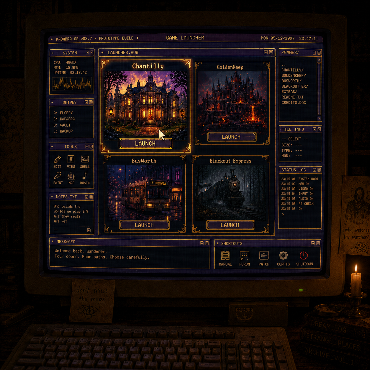 A dark interface-style collage using Kadabra sprite and prop art.