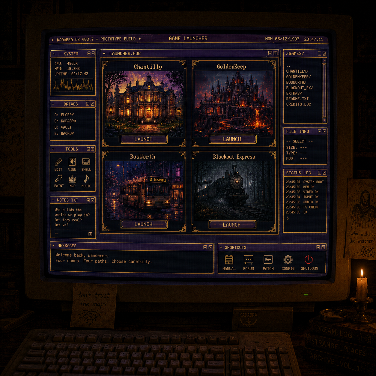 A dark interface-style collage using Kadabra sprite and prop art.
